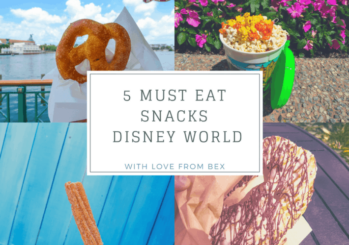 image of churros, pretzel, popcorn, and chocolate covered pretzel with words 5 must eat snacks at Walt Disney World